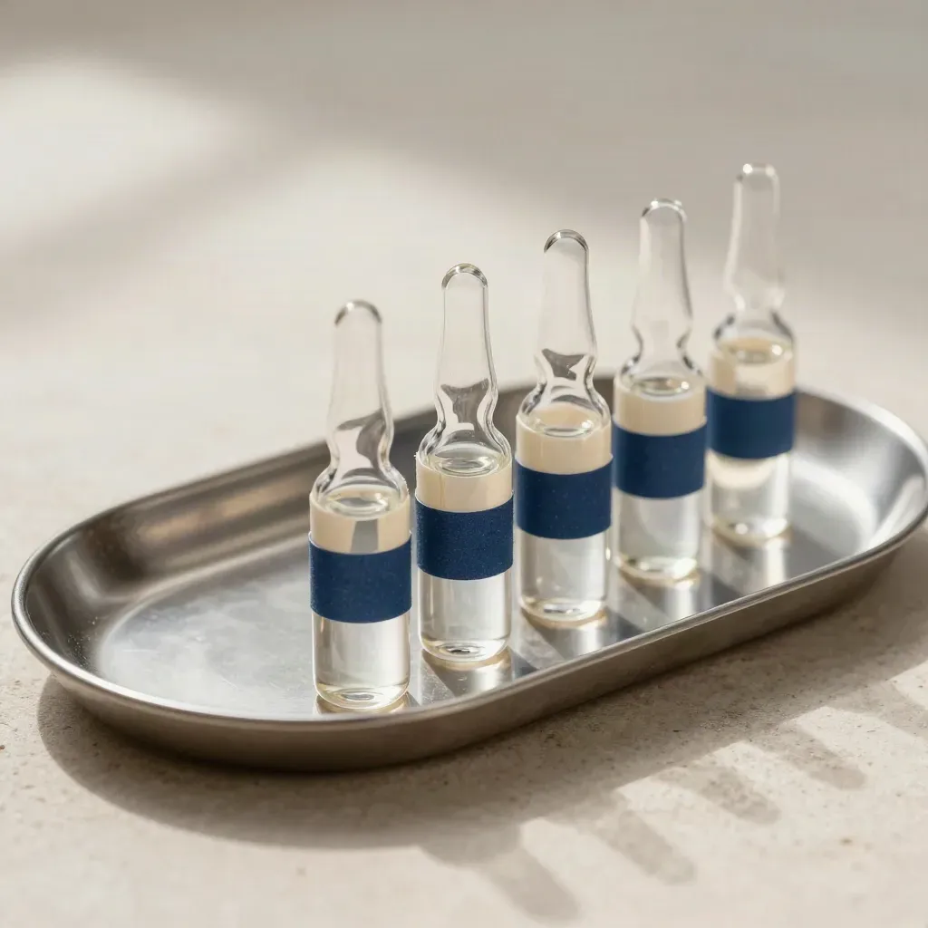 Clinical ampoules and paper wraps arranged on pale stone with steel dish, premium editorial still life.