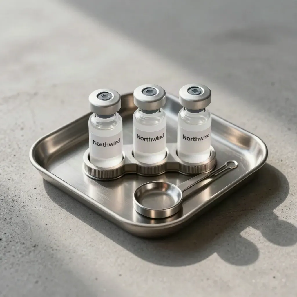 Macro top-down of lab sample vials, steel tray and cradle on grey concrete