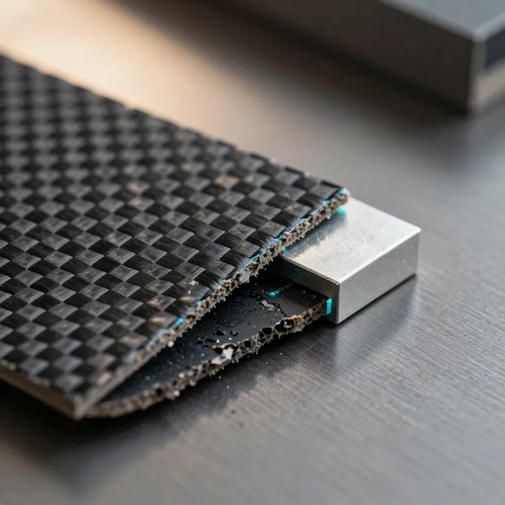 Carbon-fibre swatches and aluminium corner block on graphite with a cyan glint.