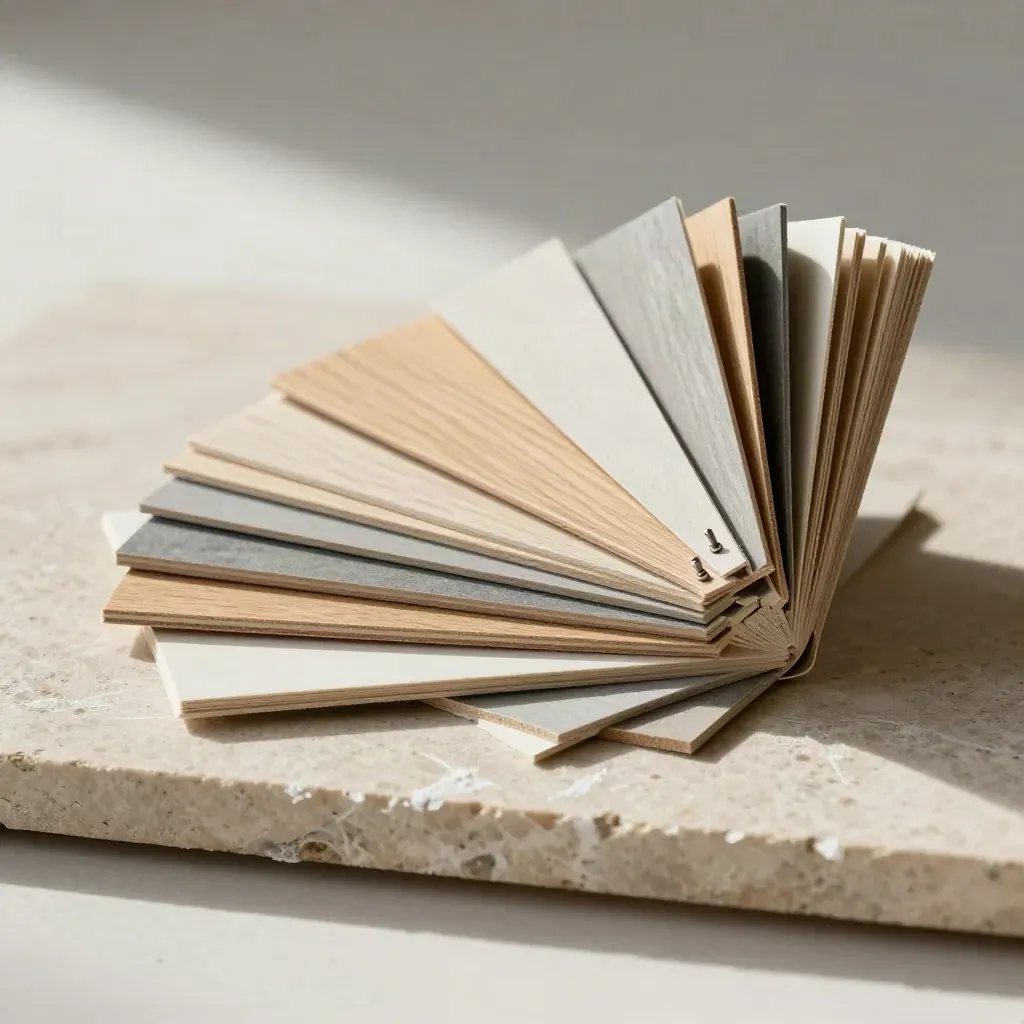 Architecture material swatches and metal pins on honed stone in soft studio haze.
