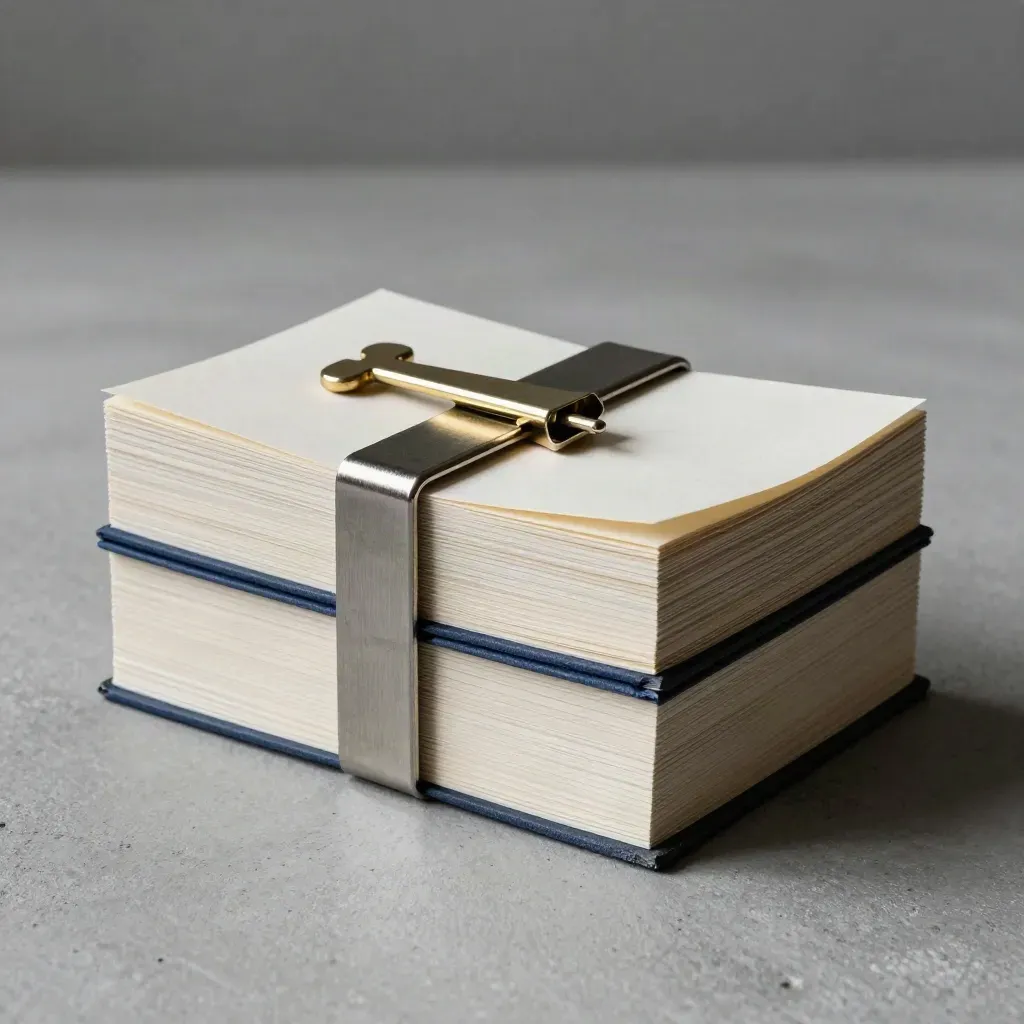 Two bound card stacks joined by metal and brass pins on a concrete-grey surface.