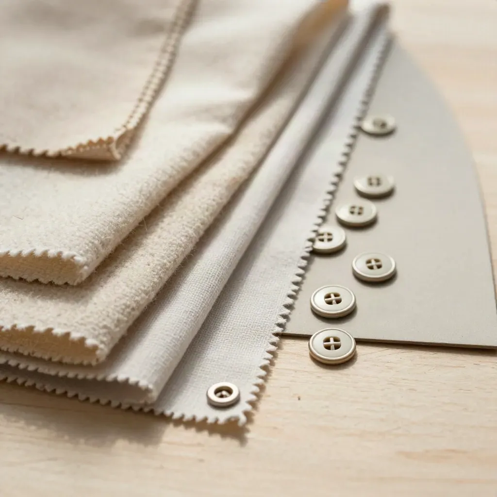 Macro still life of fabric swatches, snap fasteners, and a sample board on pale wood.