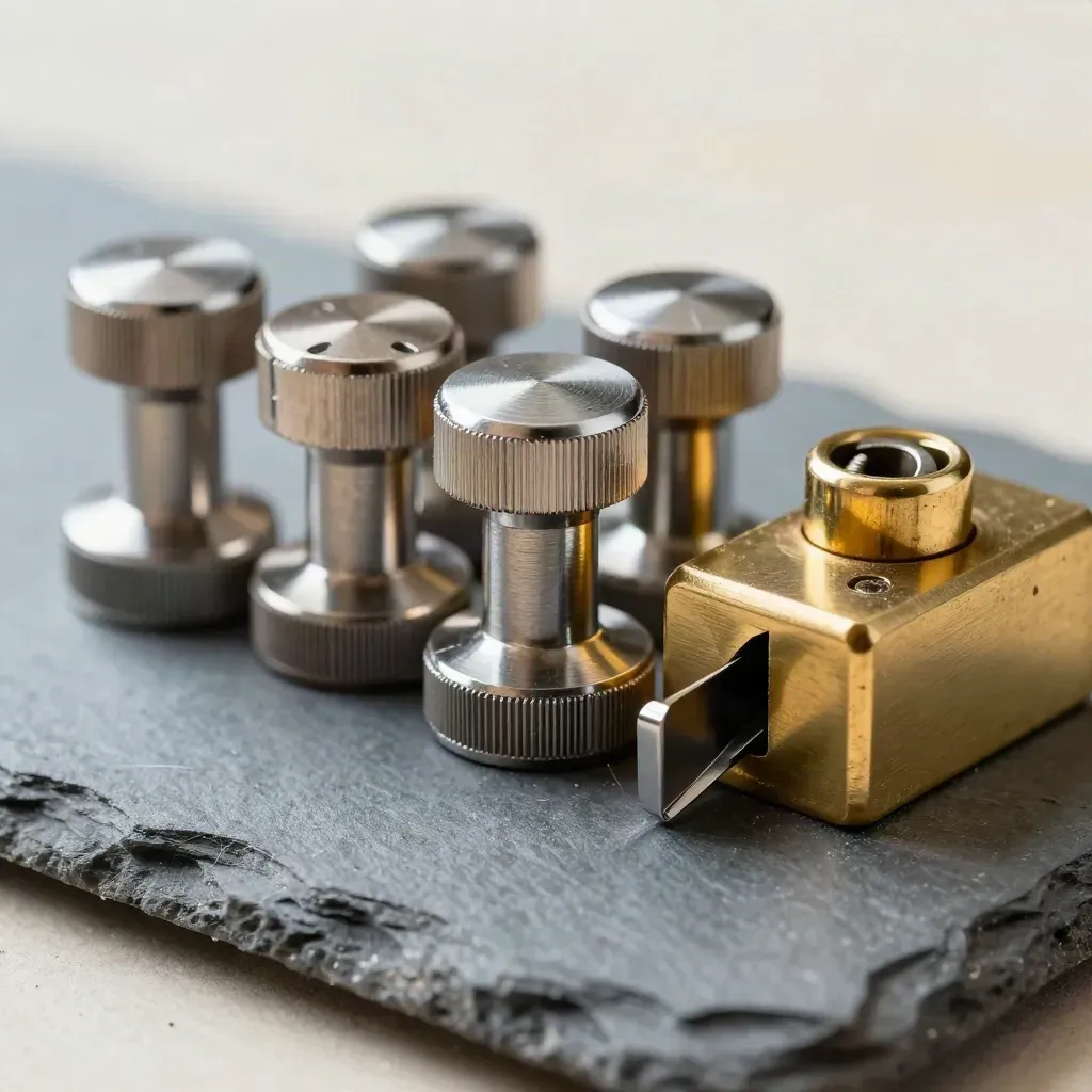 Macro still life of banking seals, card-edge clips, and a brass tally block on slate.