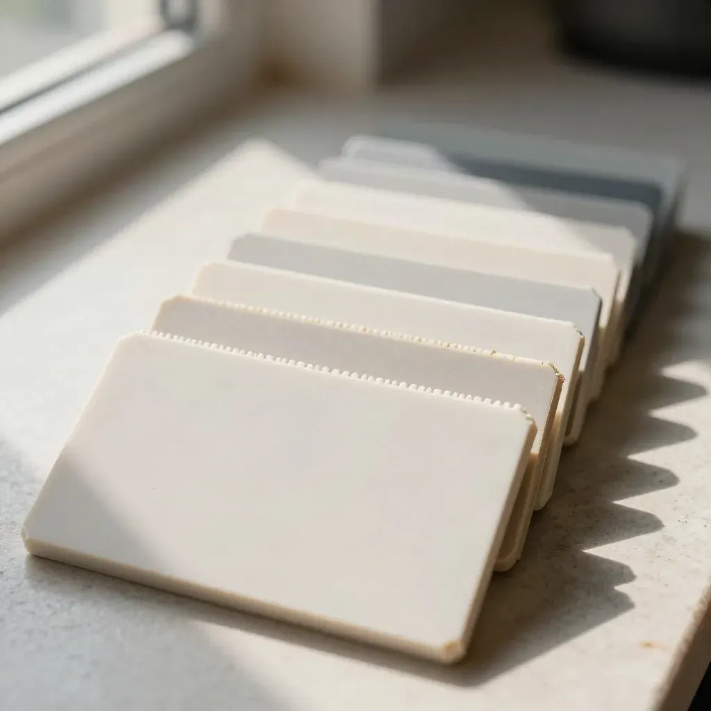 Stepped index dividers, sample chips, and a graphite spacer on pale stone, softly lit from above.