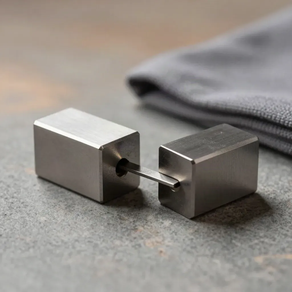 Machined gauge blocks with a thin shim on a neutral surface, crisp macro detail.