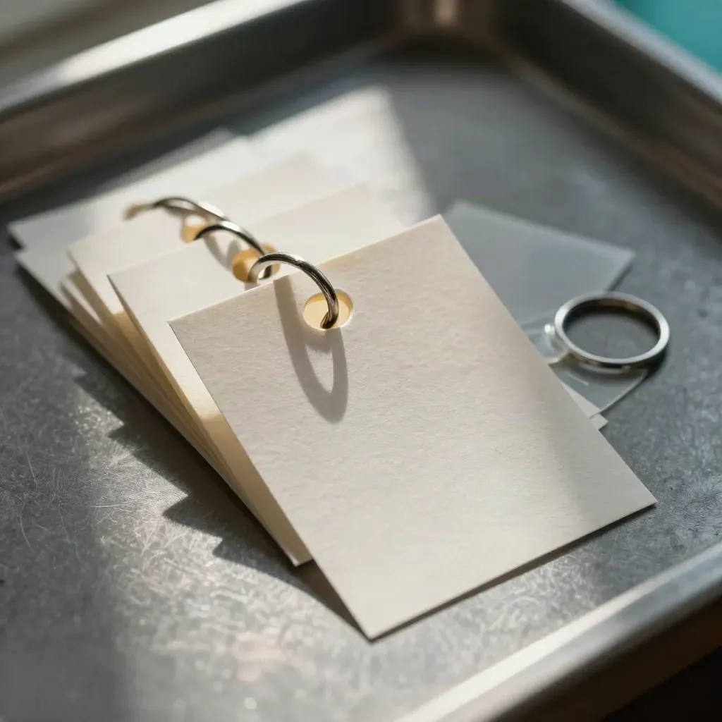 Close macro of blank tags and metal loops fanning on a graphite workbench.