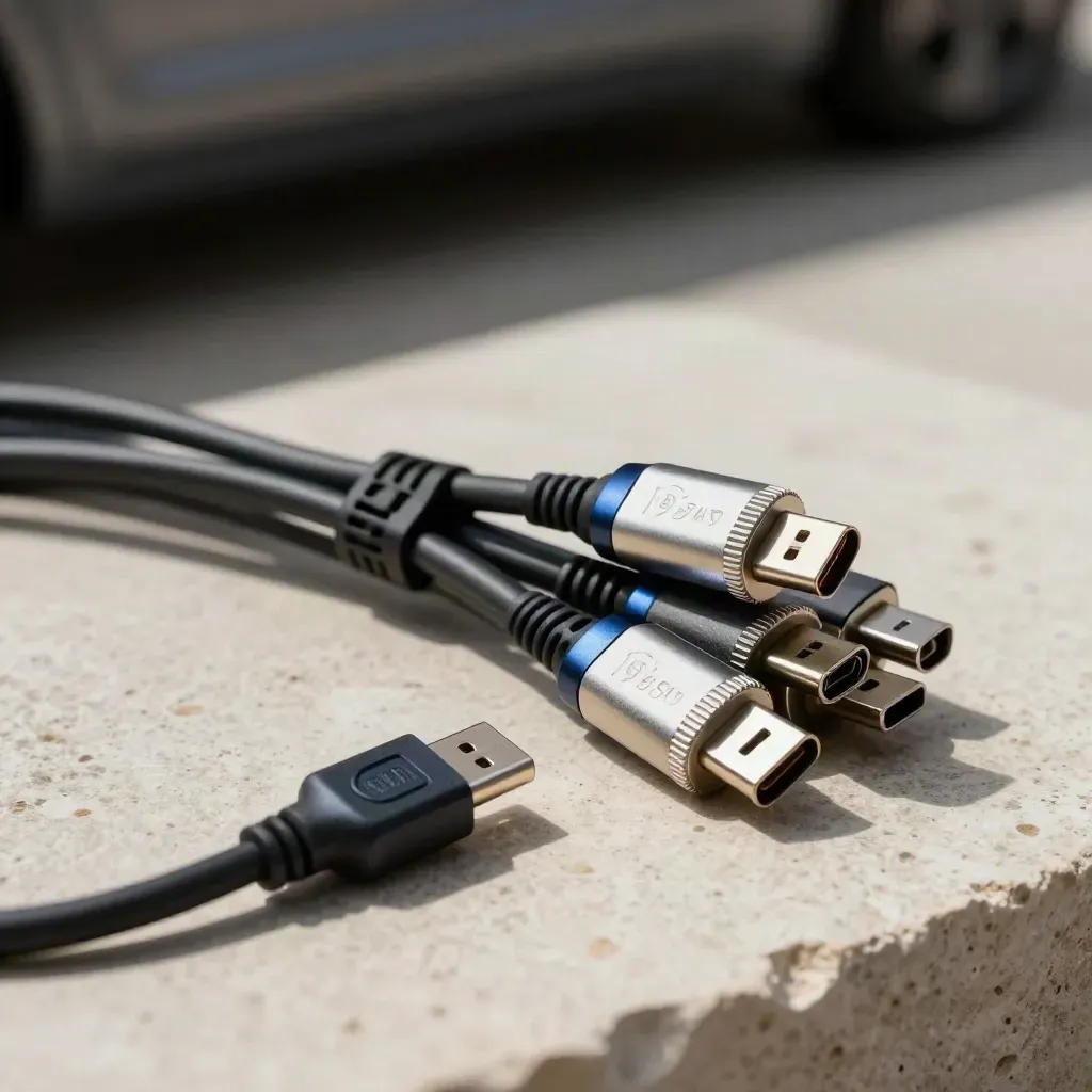 USB-C cables and metal adapters clustered on pale stone under dramatic studio light.