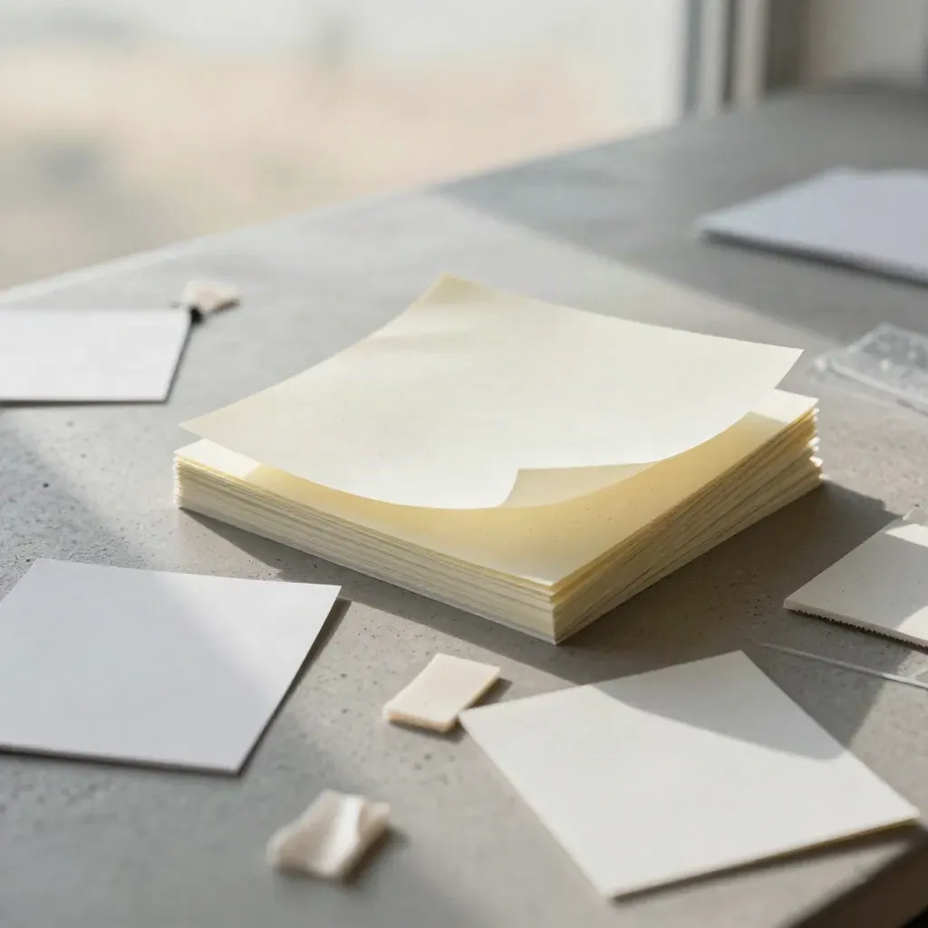 Blank sticky-dot sheets, clipped cards and foam prototype tabs on a concrete workbench seen through acrylic