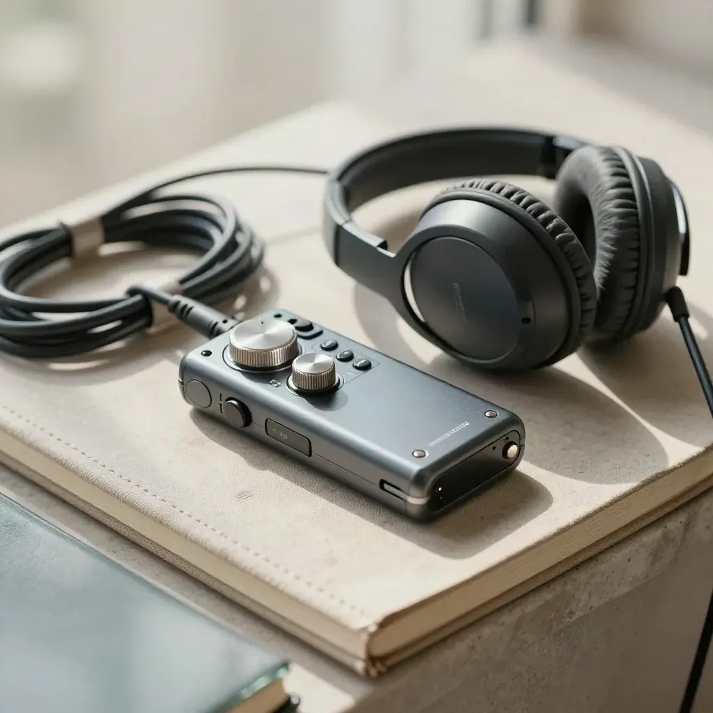 Macro of an audio recorder, headset, cable and closed notebook on stone, seen through blurred glass.