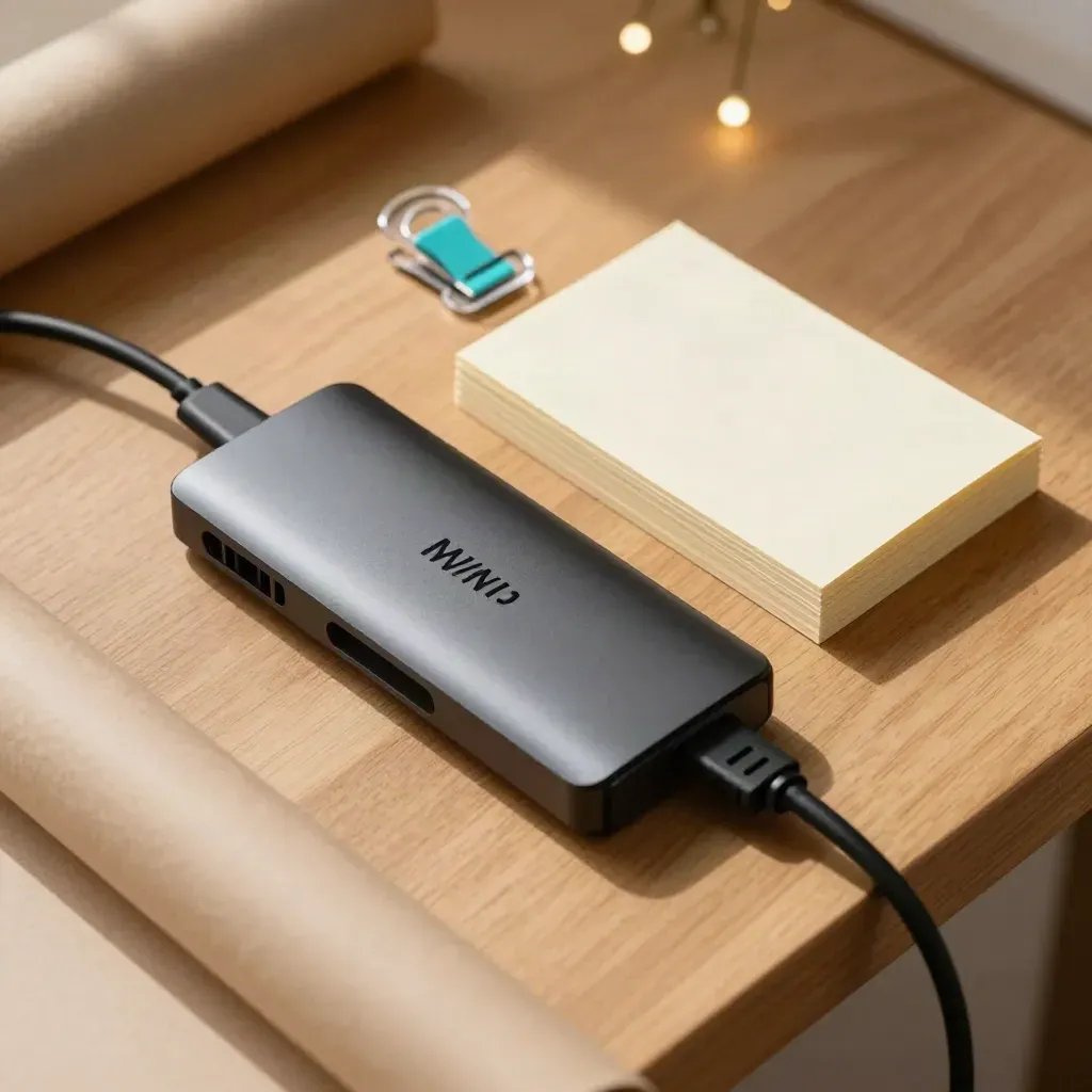 Top-down startup hardware kit on warm oak, with USB hub, modem dongle and note cards.