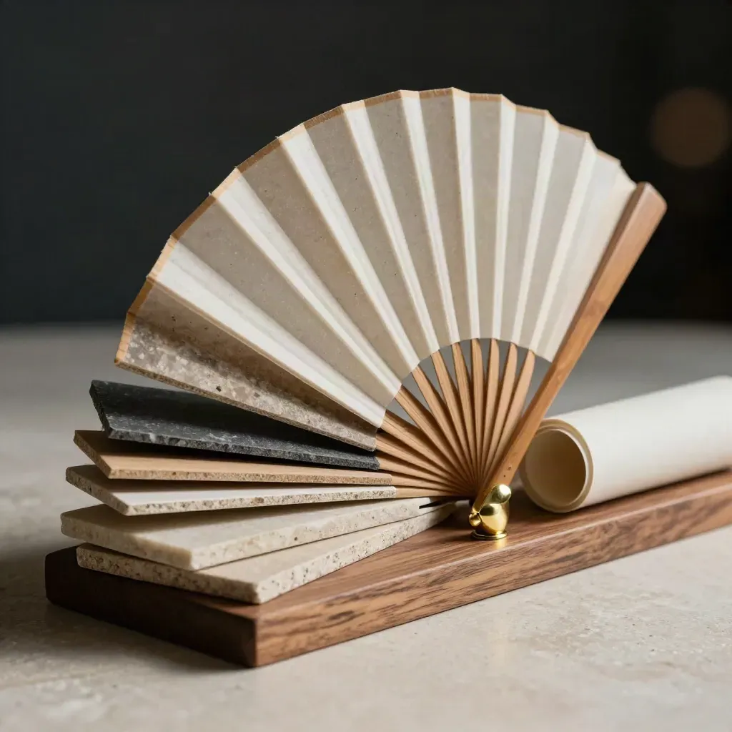 Architecture sample chips, brass pins and tracing paper on a walnut surface