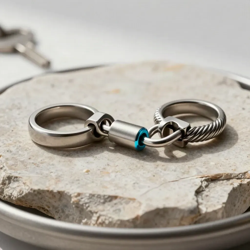 Stainless rings and joiner blocks on pale stone with a small cyan accent.