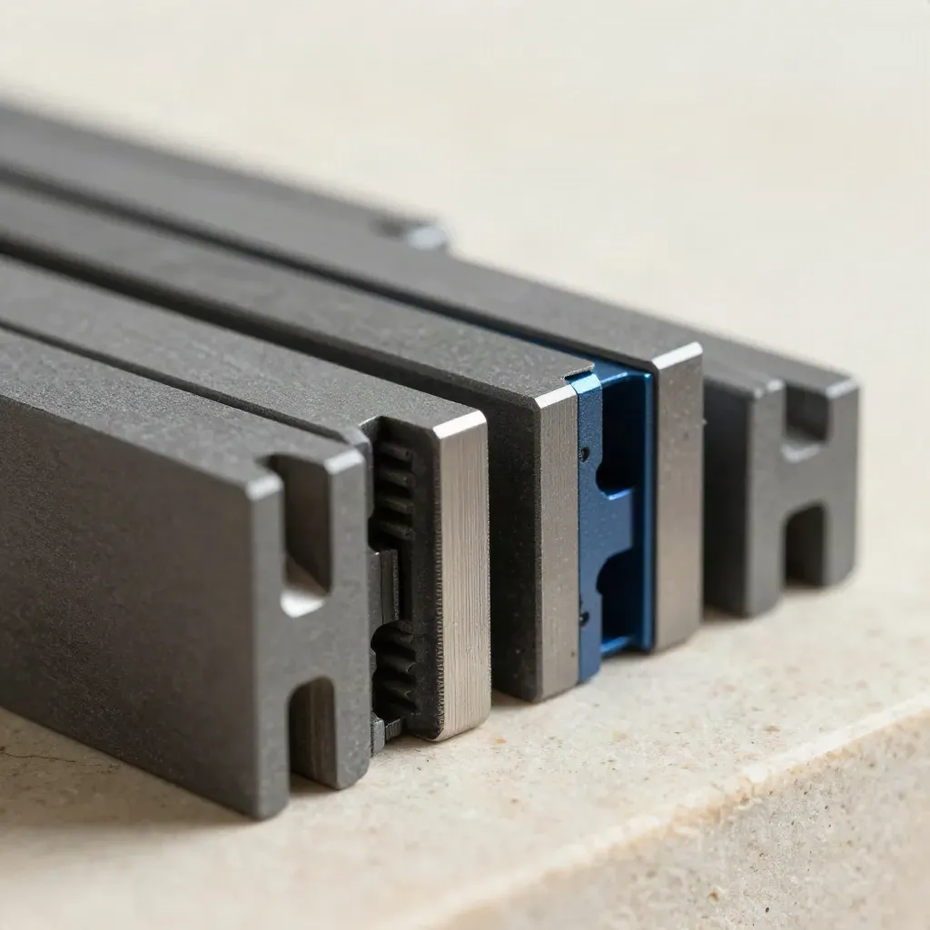 Graphite modular blocks and a bridge connector clicking into place on pale limestone.