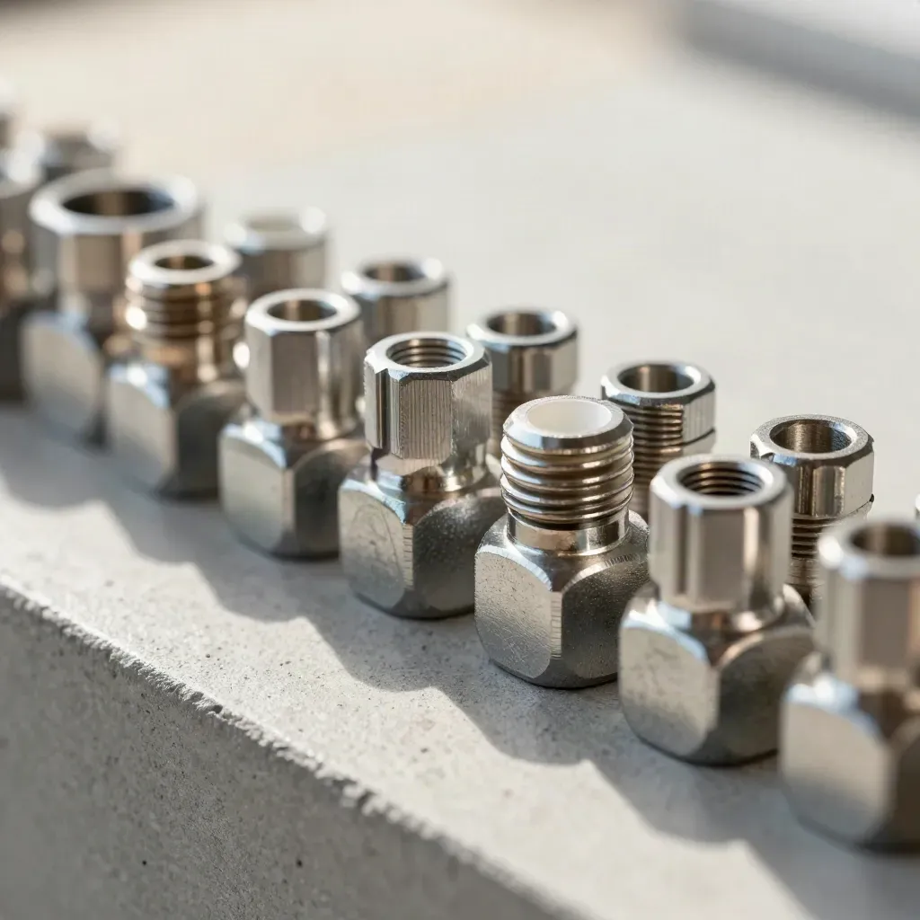 Brushed metal connector couplers and pin joints on a pale concrete surface.