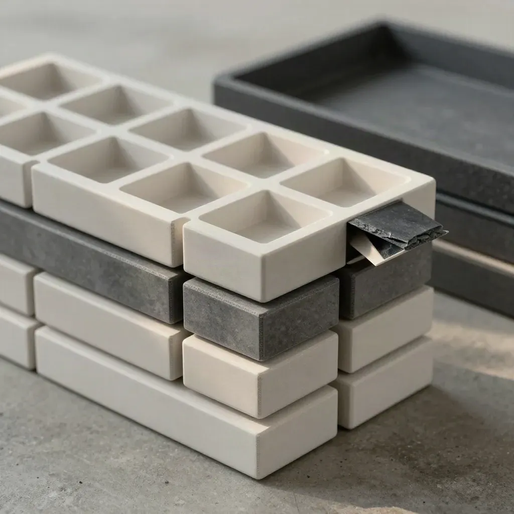 Overhead still life of modular trays and matte blocks in graphite and slate on concrete.