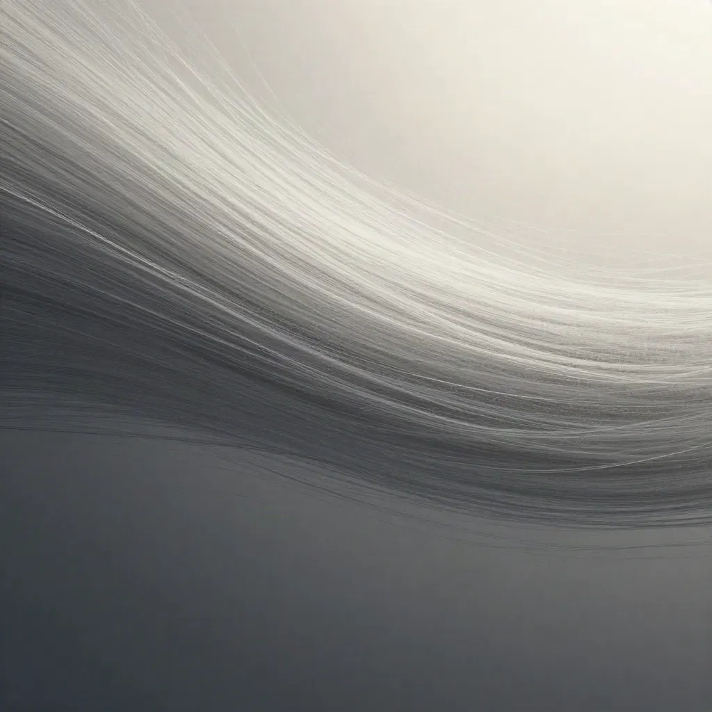 Silver filaments converge into a white bloom in graphite space with drifting motes